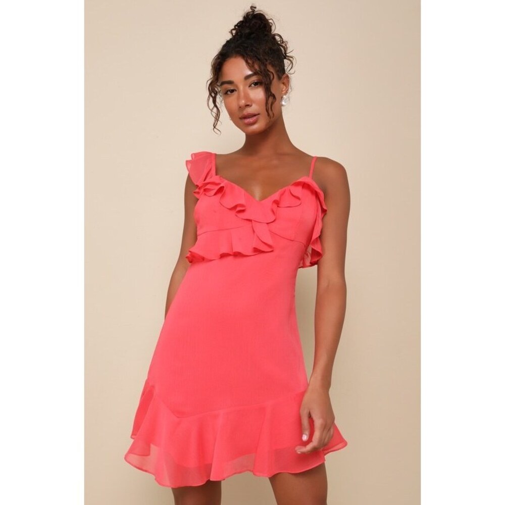 NWT Lulus Captivating Always Coral Pink Ruffled Asymmetrical Mini Dress XXS